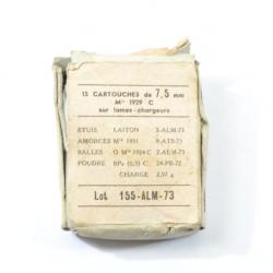 Boite vide 15 cartouches de 7,5mm modèle 1929 C sur lames-chargeurs. Lot 155 ALM 73 (1973) MAS36 FSA