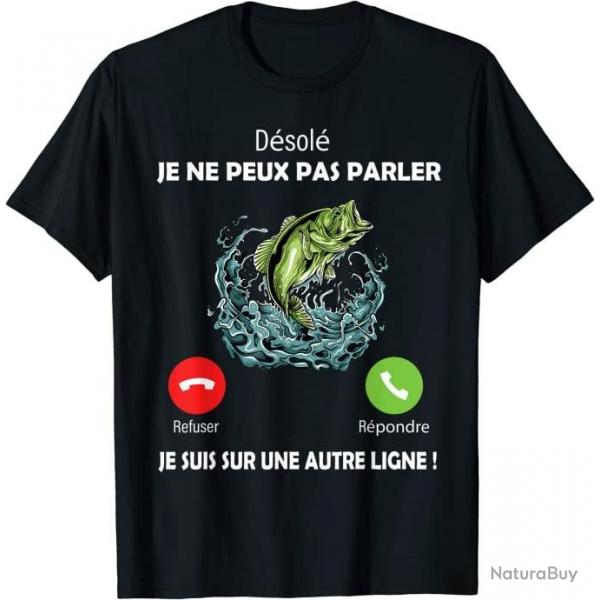 T-Shirt Dsol, je Suis sur Une Autre Ligne Pche Pcheurs Papa 100% Coton Homme Cadeau Noir Uni