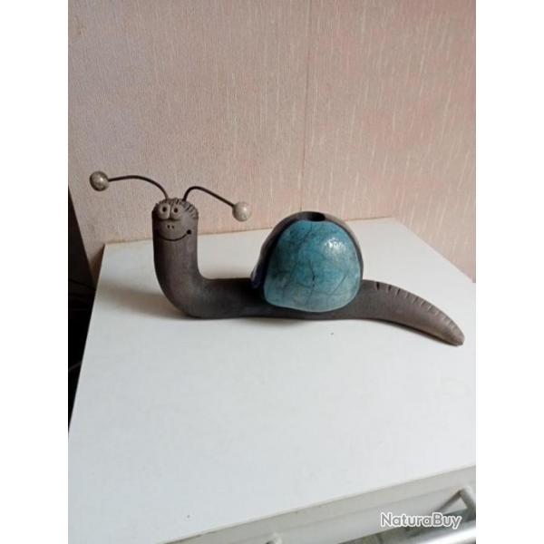 Statuette Raku escargot, Emaux  longueur 30 cm