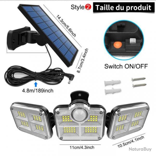 Lampe Solaire Luminosit Puissante 120 LED tanche IP65 Extrieur Ttes Ajustables Grand Angle 20W