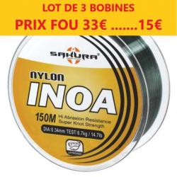 LOT DE 3 BOBINES DE FIL Nylon SAKURA INOA 150M  Ø 34   6.7 KG