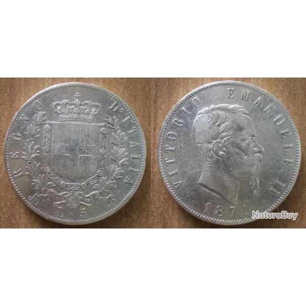 Italie 5 Lire 1871 Atelier M Piece Argent Vittorio Emanuele 2 Italy Silver Coin Lires