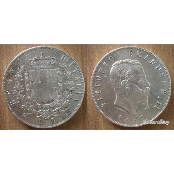 Italie 5 Lire 1870 Atelier M Piece Argent Vittorio Emanuele 2 Italy Silver Coin Lires