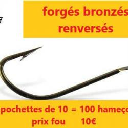 LOT DE 10 pochettes de 10 d'hameçons FORGÉS BRONZÉS RENVERSÉS  à PALETTE  N° 4 = 100 hameçons