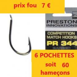 LOT DE 6 pochettes de 10 Hameçons PRESTON Competition match hooks PR 344 n°18 = 60 hameçons