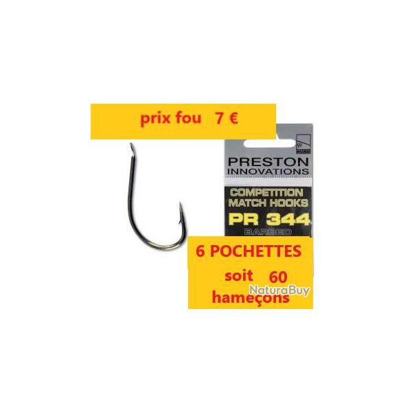 LOT DE 6 pochettes de 10 Hameons PRESTON Competition match hooks PR 344 n18 = 60 hameons