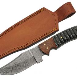 Couteau Skinner Damas 256 Couches Snake Belly Hunter Manche Bois Etui Cuir DM1325