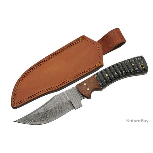 Couteau Skinner Damas 256 Couches Snake Belly Hunter Manche Bois Etui Cuir DM1325