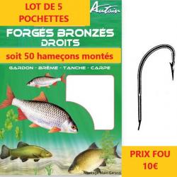 lot de 5 pochettes de 10 HAMECONS MONTES AUTAIN FORGES BRONZES DROITS N° 5/22 soit 50 P