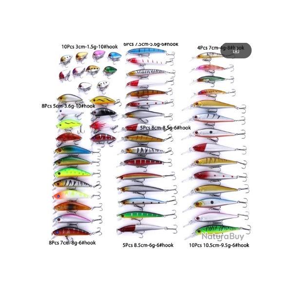 Set 56 Pcs Leurres Pche Crankbait Attaquer Minnow Popper Crayon Ensemble Appts Eau Douce Mer