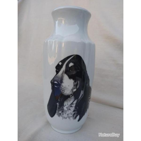 Vase porcelaine de LIMOGES décor Tête de chien de chasse - grand modèle