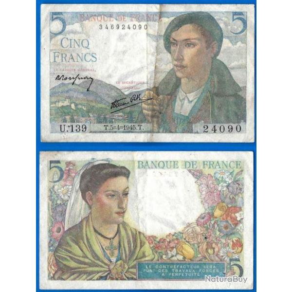 France 5 Francs 1945 Berger Billet Franc Frs Frc Frcs