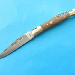 couteau de poche pliant avec tire bouchon plaquettes bois  incrustations laiton Laguiole Bougna