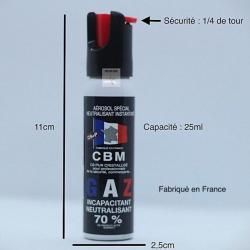 Bombe lacrymogène GAZ CS 25ml sécurité 1/4 de tour CBM (fabriqué en France)