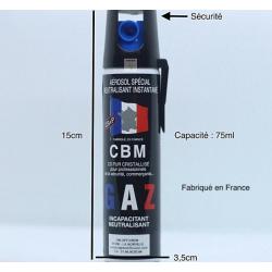 Bombe lacrymogène GAZ CS 75ml sécurité et attache ceinture CBM (fabriqué en France)