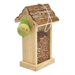 Mangeoire distributeur arachides et tournesols pour oiseau, toit en écorce 15x14x28.5 cm.