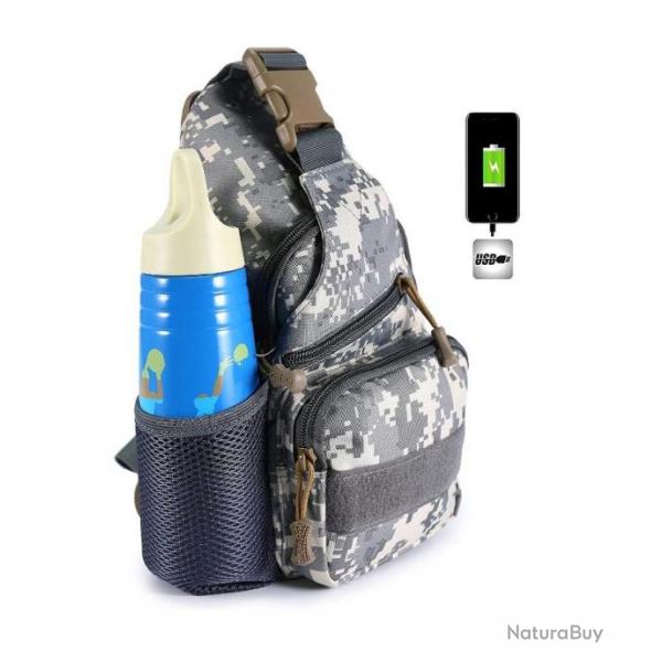 Sac Bandouliere Sacoche Dos Chargement USB Vlo Course Pche Camping Randonne Voyage Camouflage