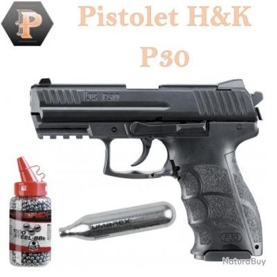 Promo Aout ! Pistolet Heckler et koch P30 cal. 9mm PAK - black + 1500 billes acier + 5 capsules CO2