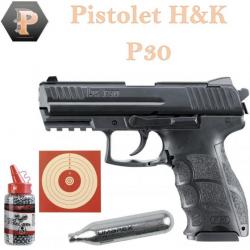 Promo Aout ! Pistolet H&K P30 cal. 9mm PAK - black + 1500 billes acier + 5 capsules CO2 + 50 cibles