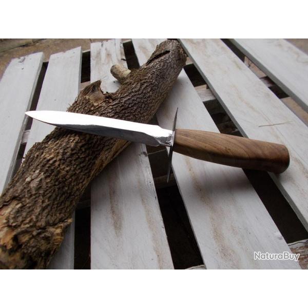 Dague de chasse artisanale Le Garenne Acier XC75 montage sur soie Manche en Noyer poli