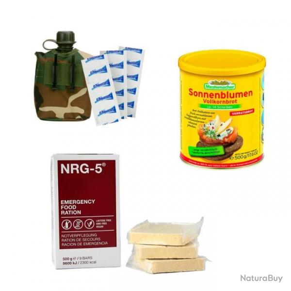 Kit survie: 12 conserves de Pain + 3 rations NRG-5 + pastilles de purification d'eau + gourde - surv