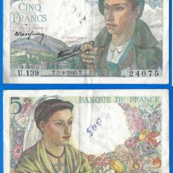 France 5 Francs 1945 Berger Billet Franc Frc Frcs