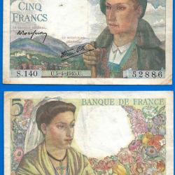 France 5 Francs 1945 Berger Billet Franc Frc Frcs