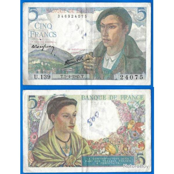 France 5 Francs 1945 Berger Billet Franc Frc Frcs