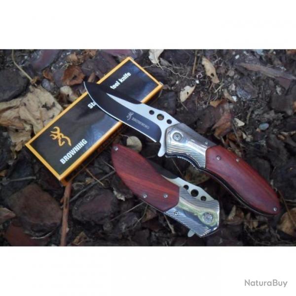 Couteau Pliant Browning Lame Acier 9,5 cm Manche Bois 13 cm Outdoor