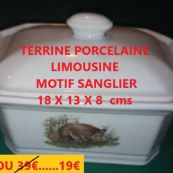 TERRINE PORCELAINE LIMOUSINE MOTIF SANGLIER   18 X 13 X 8  cms