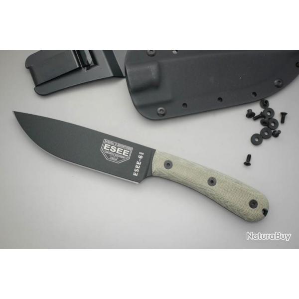 Couteau de Survie Esee Model 6 Traditional Handle Lame 1095 Manche Micarta Etui Kydex USA ES6HMK