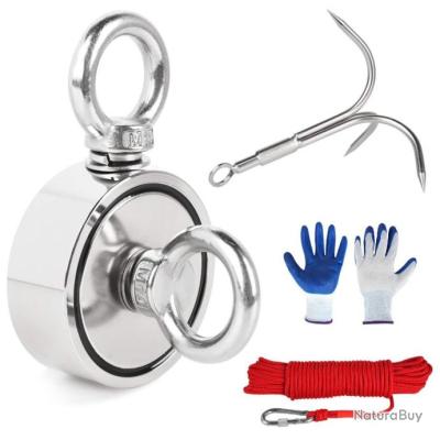 Aimant Pêche 440 KG Double Face - Kit Complet Néodyme Avec Corde, Griffe Et Gants