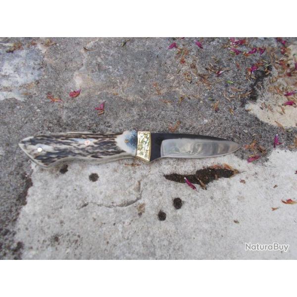 Couteau de chasse Le Garenne, forge artisanale, Bois de Cerf, finition brute 26cm, lame 12cm