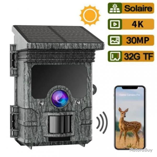 Camra de chasse Piges Photos 4K 30MP Wi-Fi Bluetooth avec Charge solaire Vision Nocturne infraroug