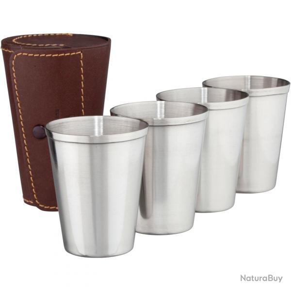 Set de gobelets en acier inoxydable dans un tui en cuir, 4 pices (Couleur: marron)