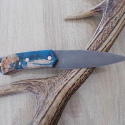 Couteau artisanal Le Garenne® lame fixe XC75 Loupe d'Erable bleu 100% Français