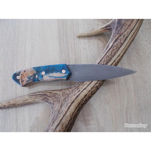 Couteau artisanal Le Garenne lame fixe XC75 Loupe d'Erable bleu 100% Franais