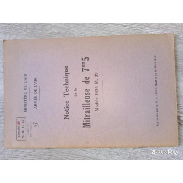 Livre notice technique de la mitrailleuse de 7mm5 modle 1934 m.39 ministre de l'Air arme de l'air
