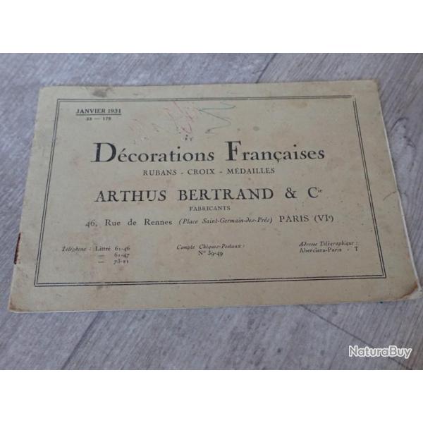 1931 Catalogue sur mdailles, dcorations franaises. Arthus Bertrand