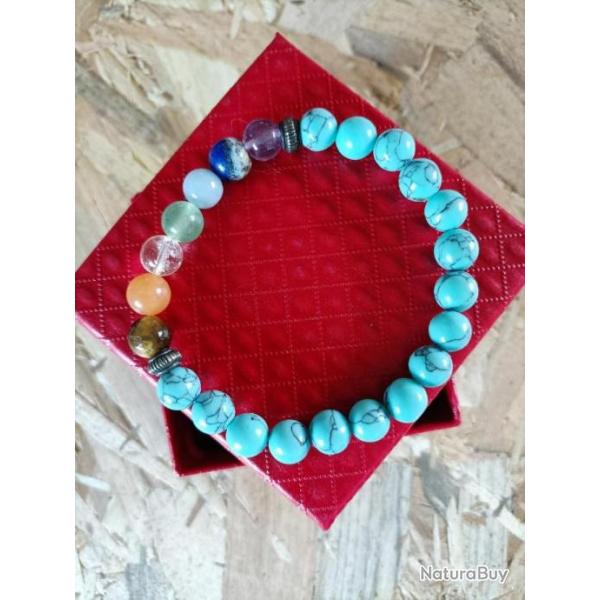 Bracelet en howlite turquoise et 7 chakras avec crin
