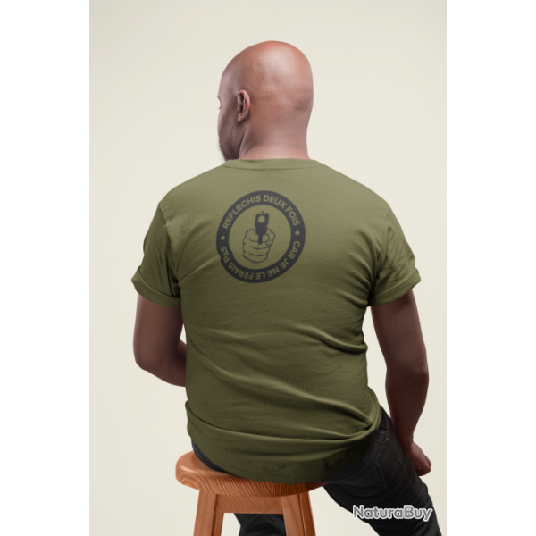 T shirt HOME DEFENSE Rflchis deux fois Dos Army Noir