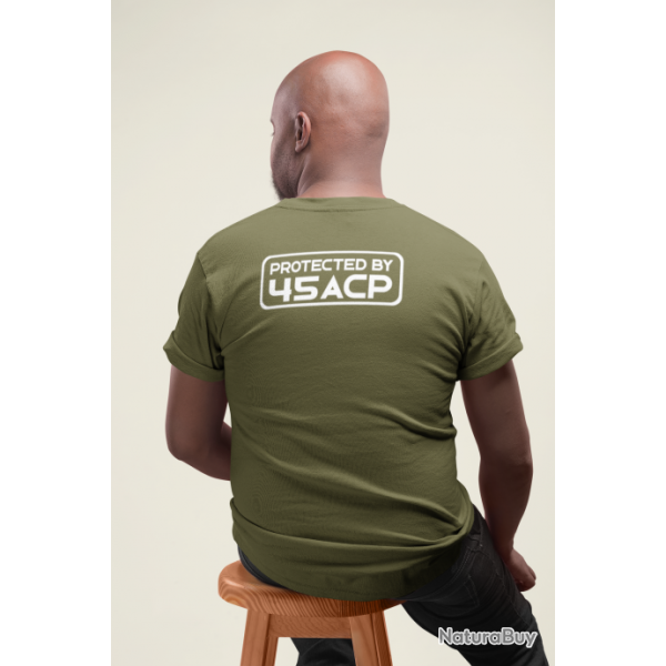 T shirt PROTECTED BY 45 ACP Dos Army Blanc