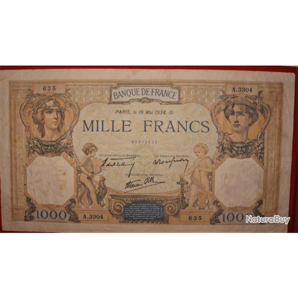 billet de 1000 francs "Ceres et Mercure"du 19-05-1938 TB++