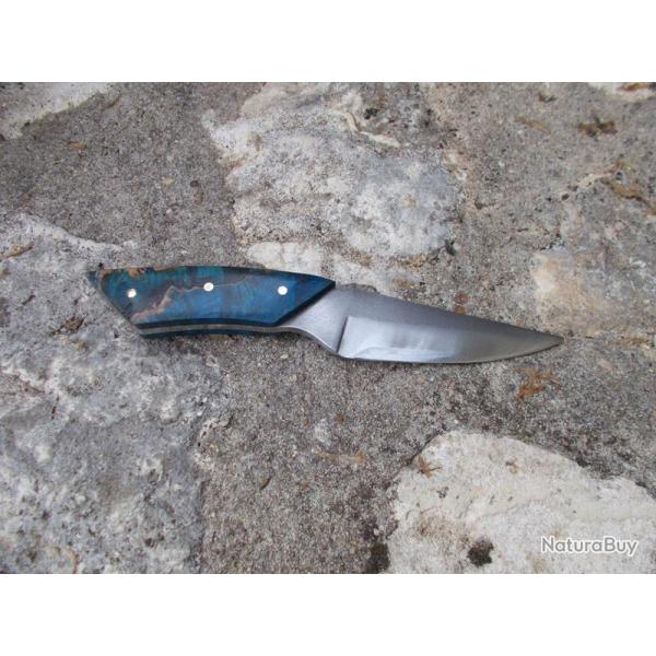 Couteau fixe Artisanal Le Garenne Loupe d'rable bleu Acier 5160 lame 12cm