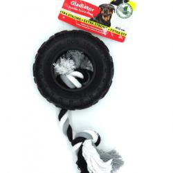 jouet caoutchouc gladiator pneu et corde 15 cm noir pour chien