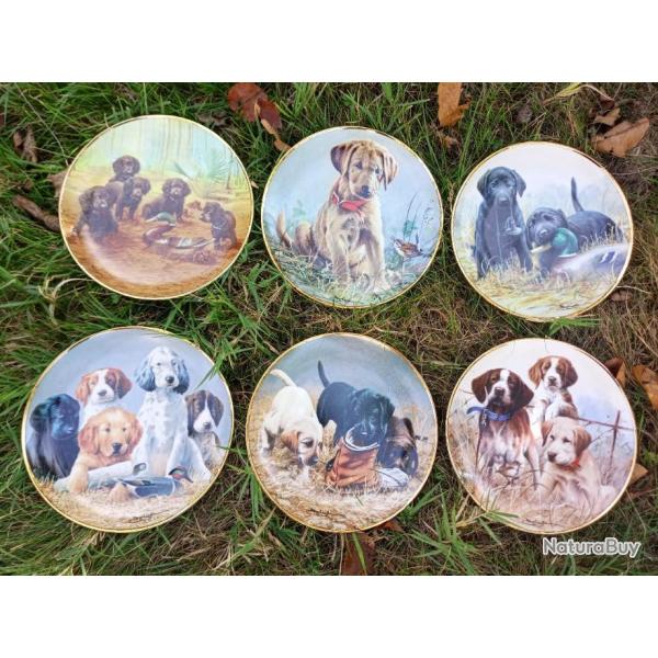 SIX  ASSIETTES EN FINE PORCELAINE SUR  LES JEUNES CHIOTS PAR FRANKLIN MINT . LIMITED EDITION .