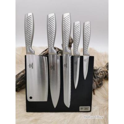 **SET 6 pièces : Royal SWISS Set de 6 couteaux de cuisine + support planche bois aimentée RS-6