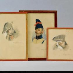 Edmond Lajoux Portraits de Militaires 2 Dessins et 1Aquarelle Encadrés. uvres Originales.