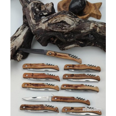 lot de 10 Couteaux POCHE COUTELDOC manche en olivier gravé thème chasse sanglier cerf TIRE BOUCHON t