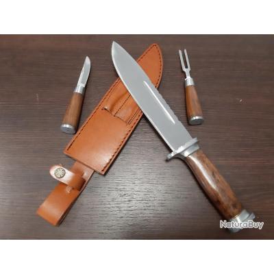 SET de couteau bowie de chasse avec couvert couteau + fourchette le tout dans un Etui Cuir robuste